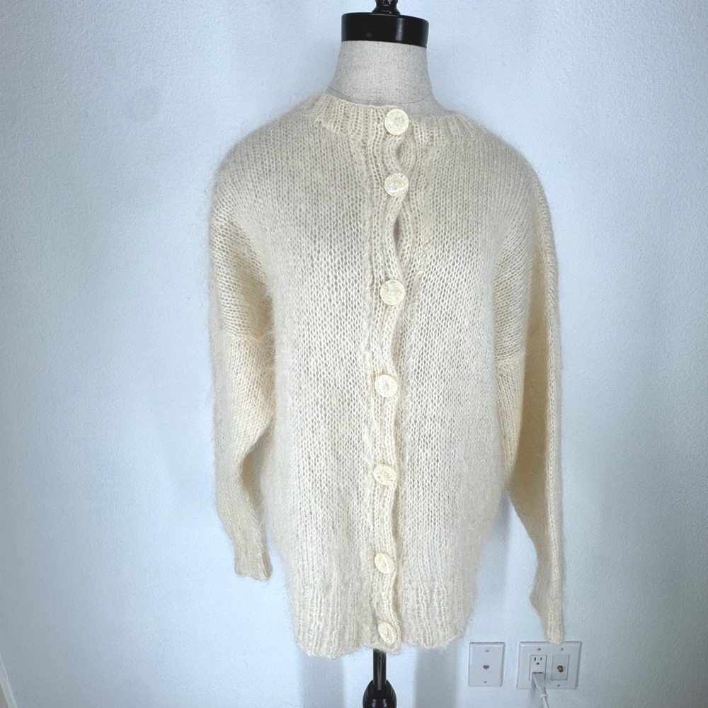 Vintage Gauze Handmade Cardigan Cream Sheer Fuzzy Knit Confetti Buttons Shabby